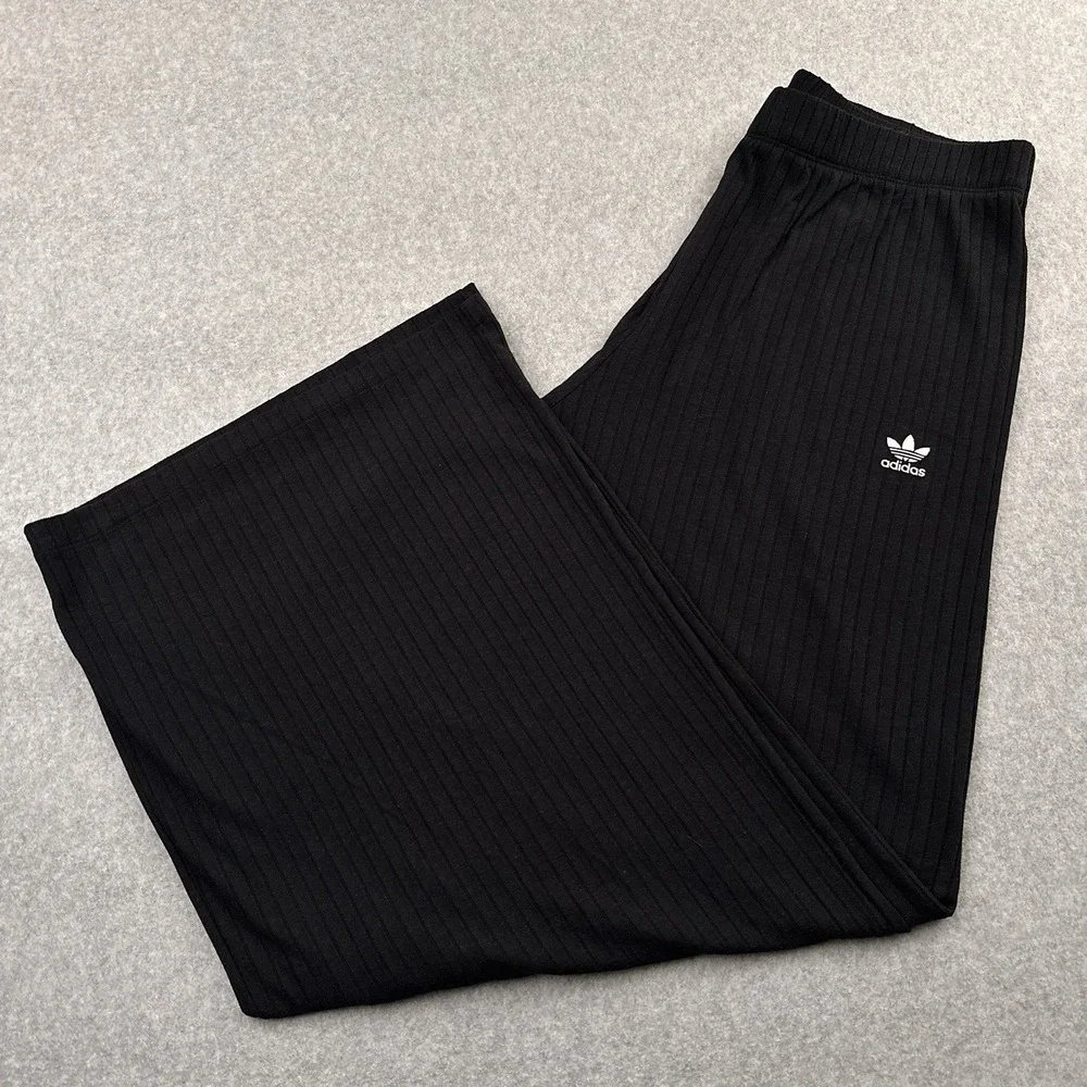 Adidas Essentials Wide Rib Pants Women XL Black High Rise Relaxed Stretch JD1499
